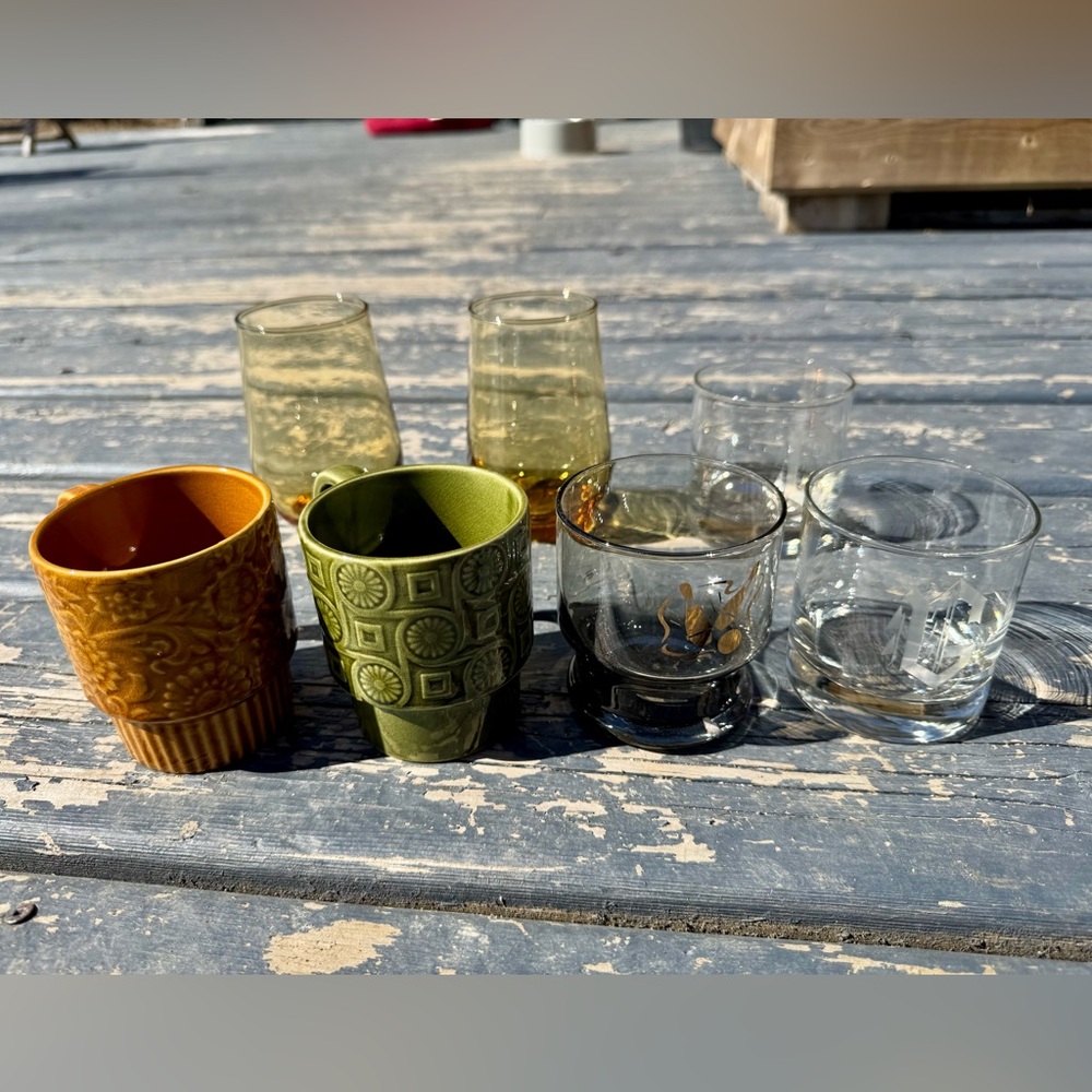 70’s Vintage Orange and Green Ceramic and Glass Drinkware Set